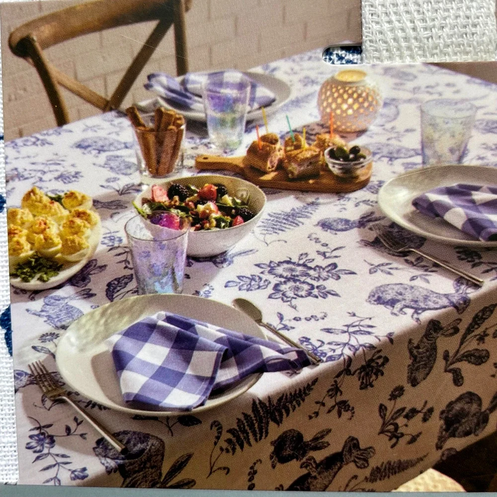 7pc Farmhouse Easter Bunny Tablecloth 60x84 Gingham Napkin Set Blue White NEW